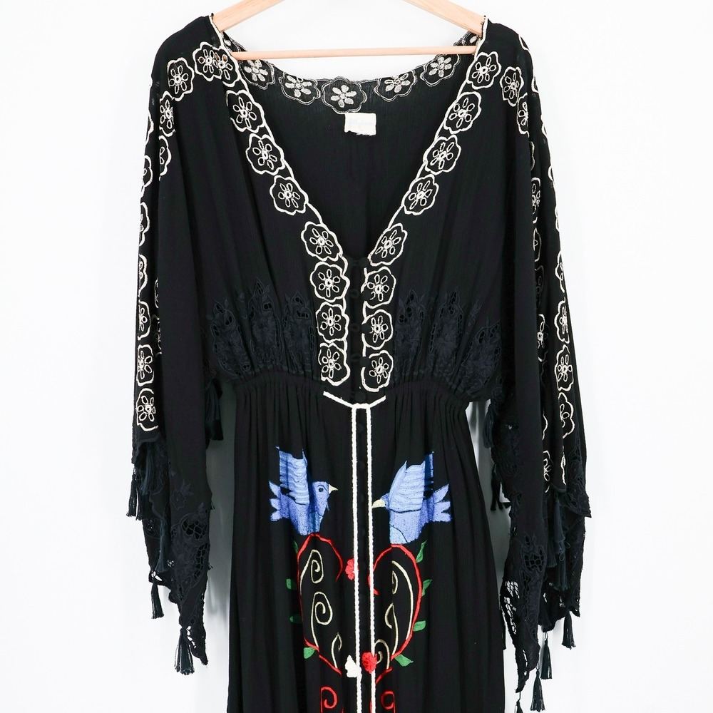 Free People Fillyboo Embroidered Dress Maxi Boho Festival Kimono XS 100% Rayon - Picture 3 of 16